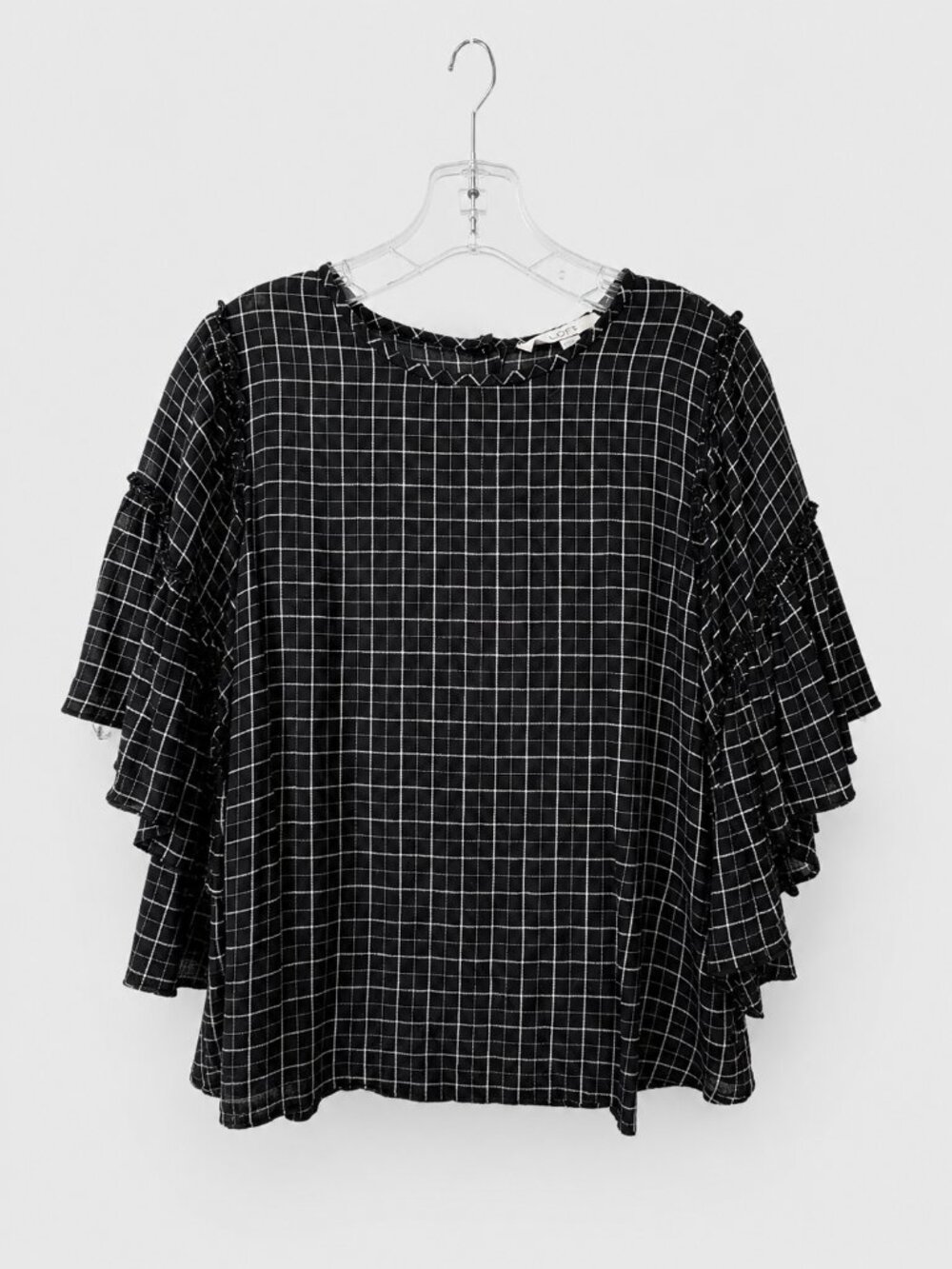 Loft Bell Sleeve Ruffle Plaid Top